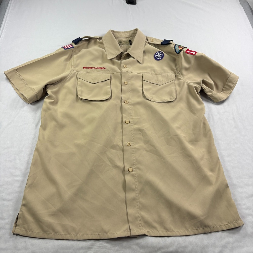 Boy Scouts Of America Shirt Mens L Beige Uniform Button Up Patch Vented Stretch